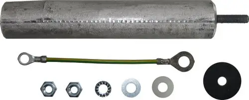 Aluminiumzylinder mit genietetem Ende, dazu eine elektrische Verbindung mit Ringöse, Unterlegscheiben, und Schrauben. Teile zur Installation mit Bezug auf Bosch.